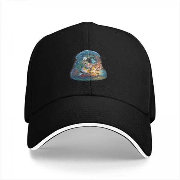 Black Baseball Cap with Whimsical Fantasy Character Art Print