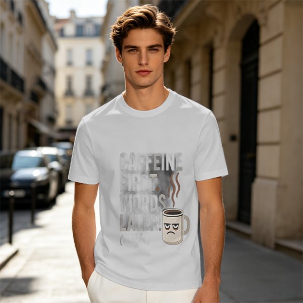 Olive t-shirt with 'Caffeine First Words Later' grumpy coffee mug print