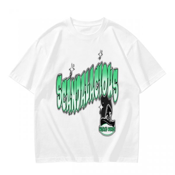 Olive green graphic t-shirt with 'Scandalacious' print and witch hat design
