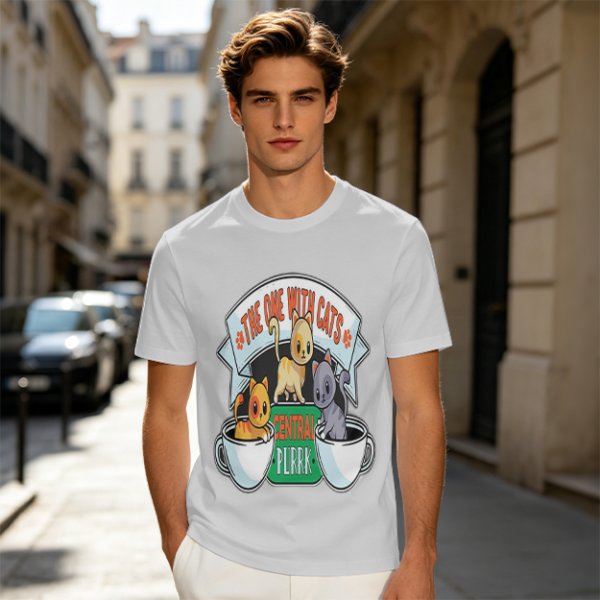Olive green t-shirt with cat coffee cup graphic and playful text design