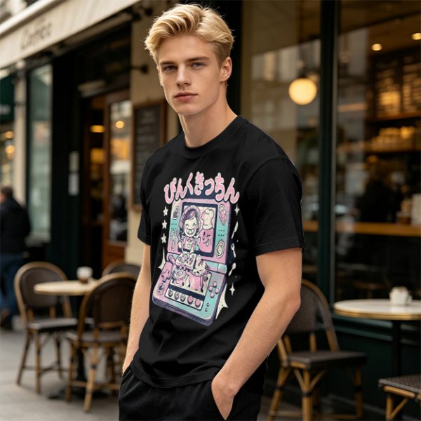 Olive green graphic t-shirt with cute handheld game kitchen art