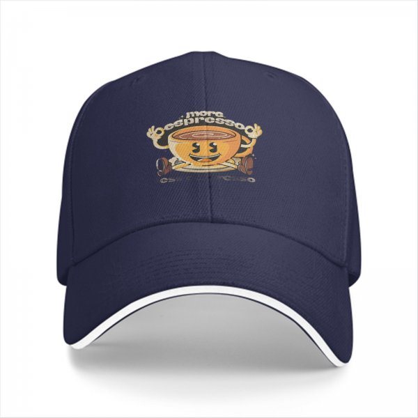 Black baseball cap with retro espresso coffee cup graphic