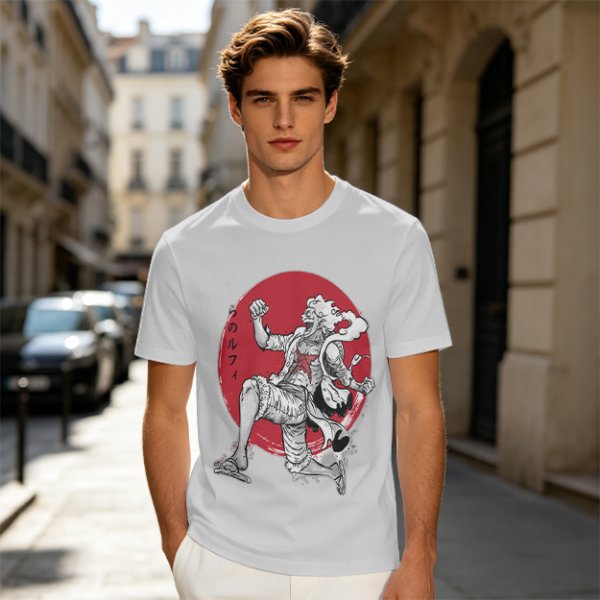 Olive T-shirt with Luffy Gear 5 Sun God Nika Anime Print