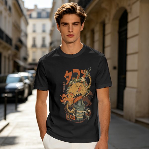 Olive T-shirt with Monster Burger and Japanese Graphic Print