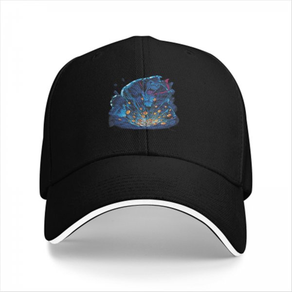 Black baseball cap with blue fantasy character explosion graphic