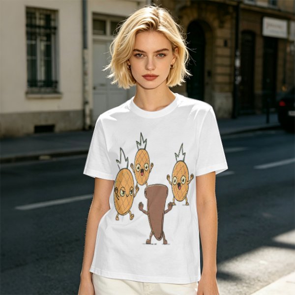 Olive T-Shirt With Cartoon Pineapples And Brown Character Graphic
