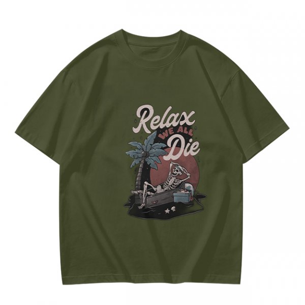 Olive graphic t-shirt with skeleton relaxing on coffin and 'Relax We All Die' text