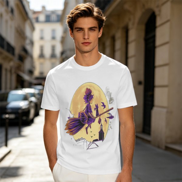 Olive t-shirt with witch flying on broom against full moon