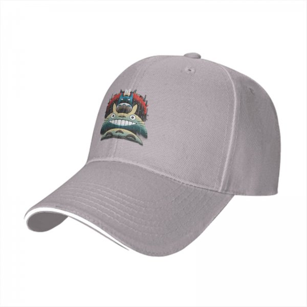 Black baseball cap with stacked Totoro characters in rainy scene