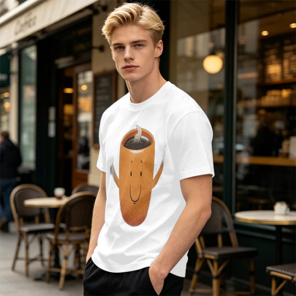 Olive Green T-Shirt With Happy Steaming Coffee Cup Graphic
