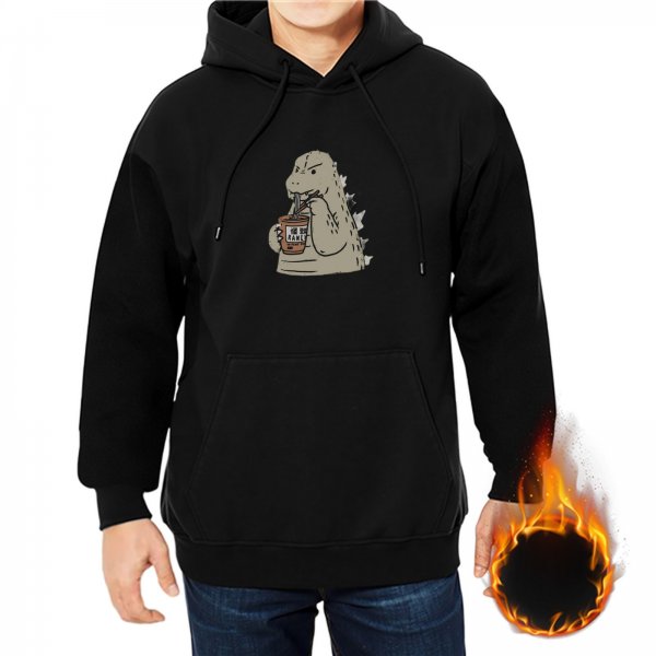 Black hoodie with cartoon dinosaur eating instant noodles graphic