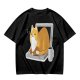 Olive T-Shirt with a Sleeping Cat on a Laptop Print