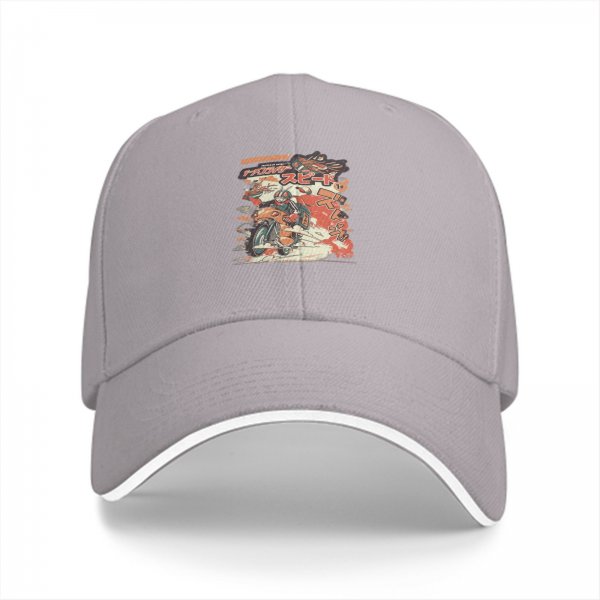 Black baseball cap with retro anime motorcycle graphic print