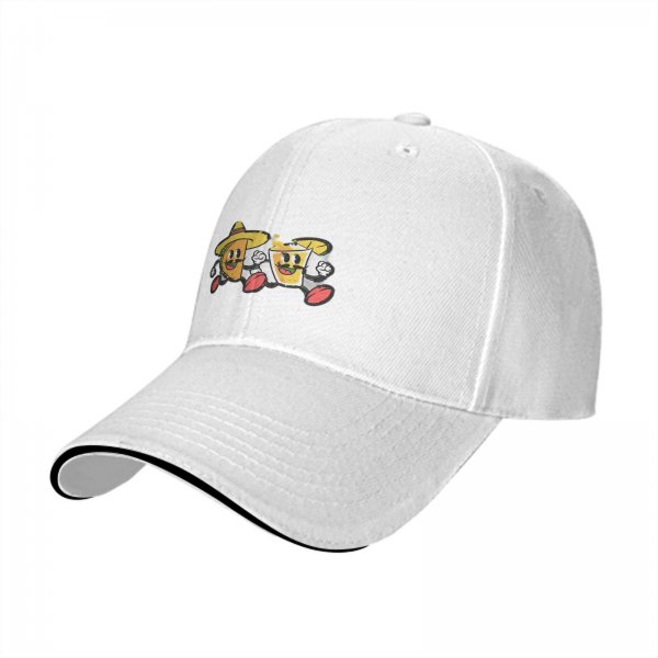 Black baseball cap with retro taco and beer cartoon graphic