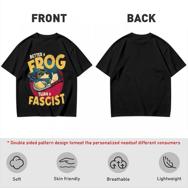 Olive graphic t-shirt with 'Better a Frog Than a Fascist' pilot frog design
