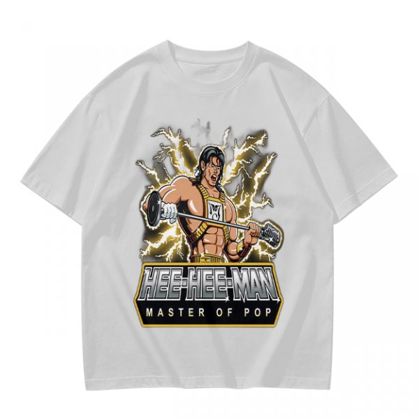 Olive T-shirt with Hee-Hee-Man Master of Pop Lifting Barbell Graphic