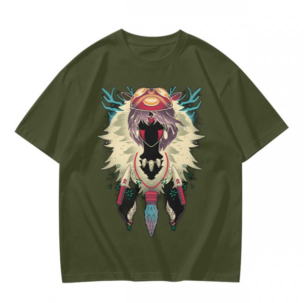 Olive Green T-Shirt With Fantasy Forest Spirit Graphic Print