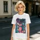 Olive T-Shirt with Cyberpunk Pink Cat and Robotic Tech Print
