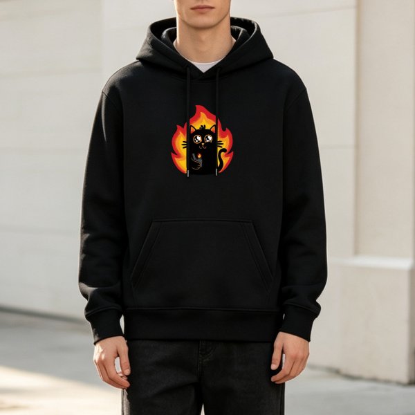 Black hoodie with a cartoon black cat holding a lighter surrounded by flames
