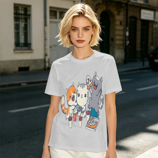 Olive T-Shirt With Cute Cats Enjoying Pizza And Snacks Print