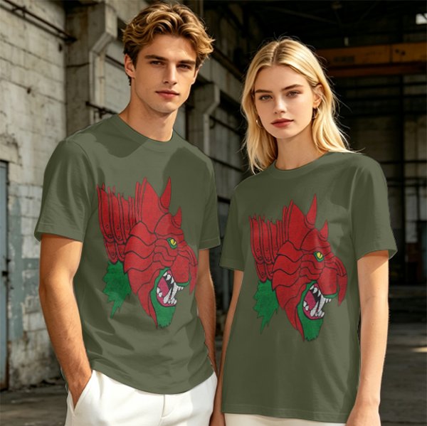 Olive T-Shirt With Fierce Armored Beast Head Graphic