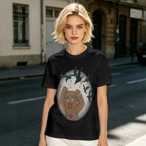 Olive T-shirt with a terrified gingerbread man and flying birds graphic