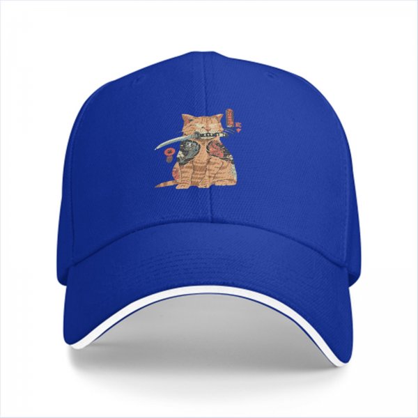 Black Baseball Cap With Tattooed Samurai Cat Holding Katana