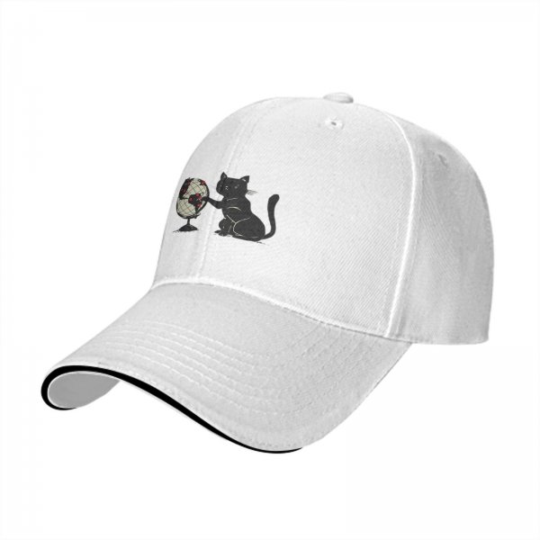 Black Baseball Cap With Cat Reaching For Globe Print