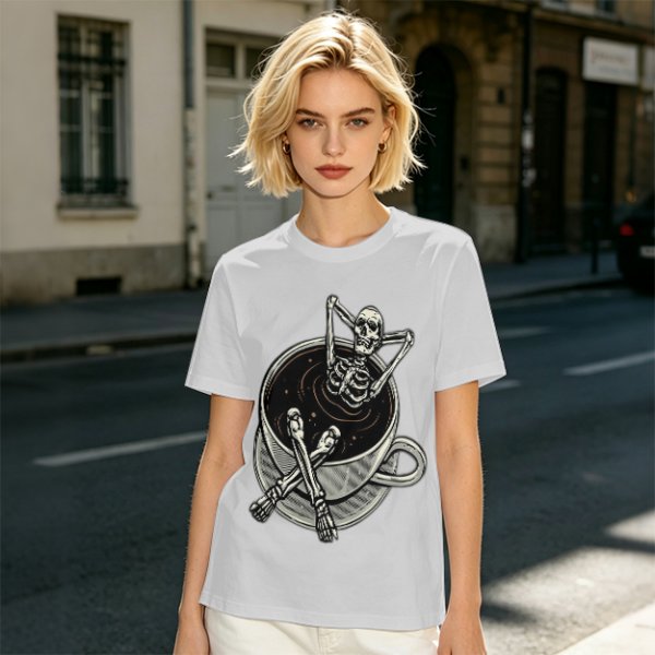 Olive T-shirt with skeleton relaxing in coffee cup graphic