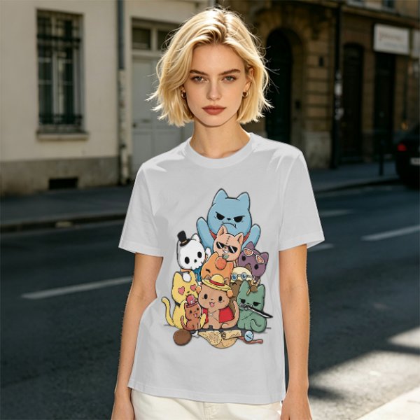 Olive T-Shirt With Chibi Pirate Cats Group Graphic
