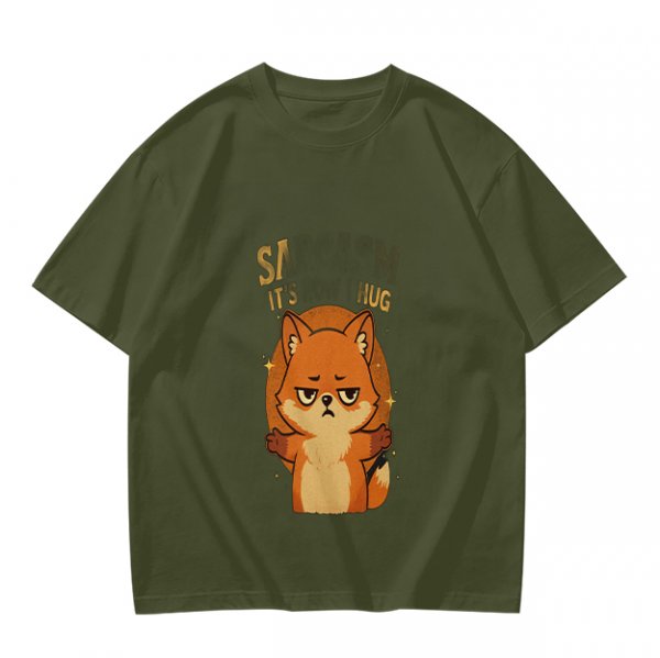 Olive green t-shirt with grumpy fox offering a hug graphic