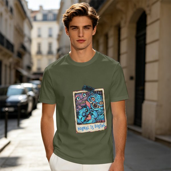 Olive t-shirt with monster polaroid print that says Normal Is Boring