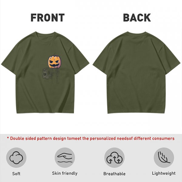 Olive Green T-Shirt with Halloween Jack-o'-Lantern and Skull Print