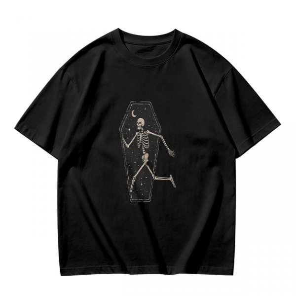 Olive t-shirt with skeleton running from starry coffin graphic