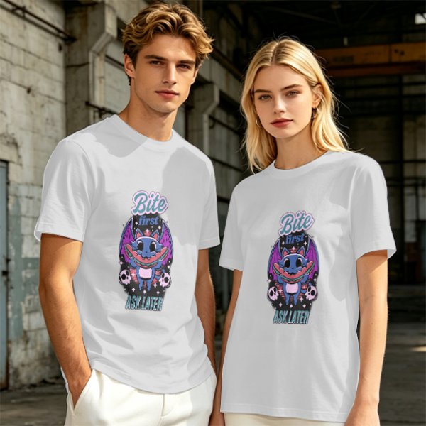 Olive graphic t-shirt with bat cat holding watermelon and 'Bite First Ask Later' text