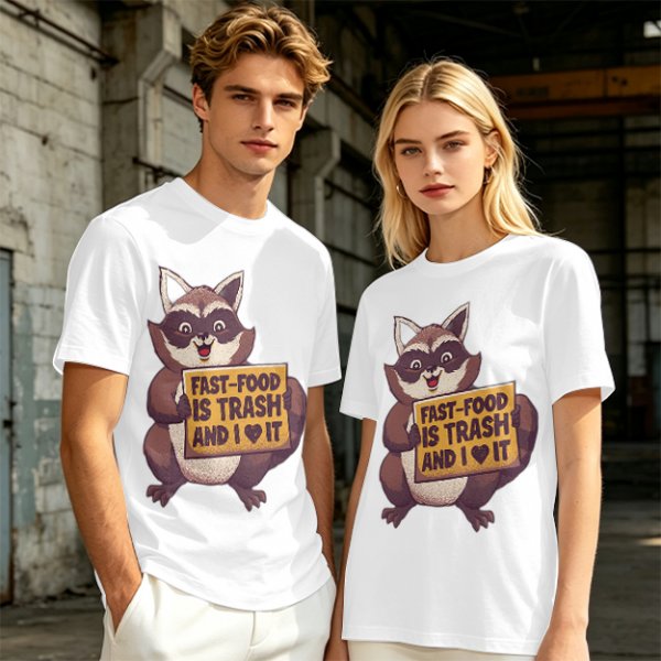 Olive t-shirt with a raccoon holding a fast food trash sign