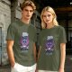 Olive graphic t-shirt with bat cat holding watermelon and 'Bite First Ask Later' text