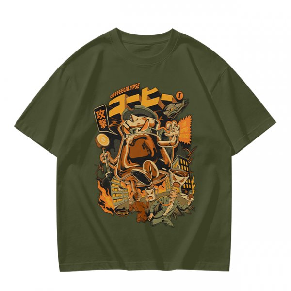 Olive Green T-Shirt with Retro Coffee Monster Graphic Print