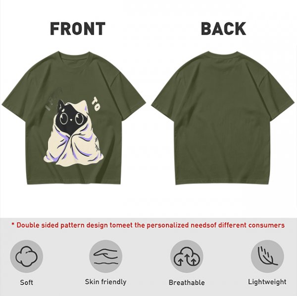 Olive T-shirt with Cute Black Cat Wrapped in Blanket Graphic
