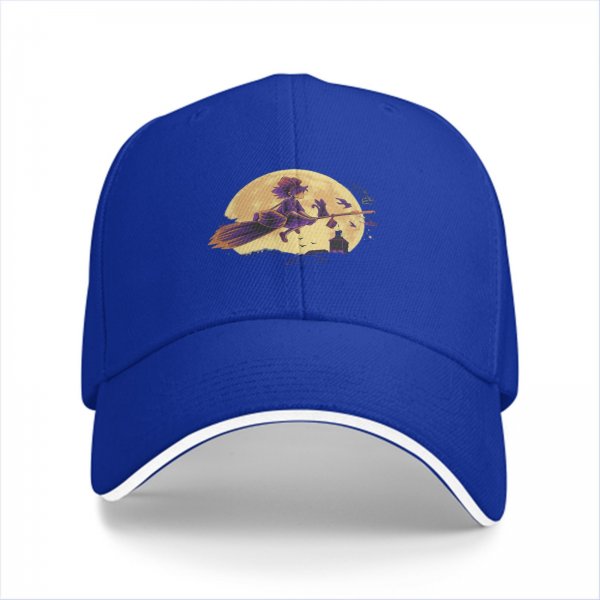 Black Baseball Cap With Witch Riding Broom Full Moon Halloween Art