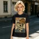 Olive t-shirt with a skull ramen bowl and a napping tabby cat print