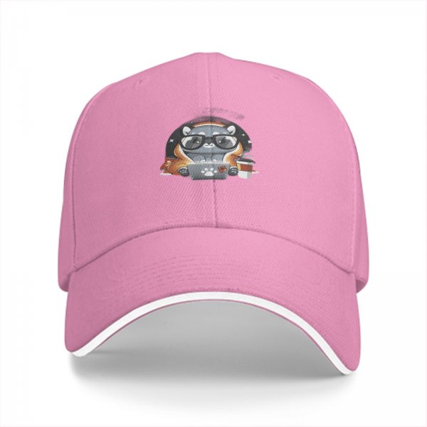 Black Baseball Cap With Cute Raccoon Working On Laptop Print