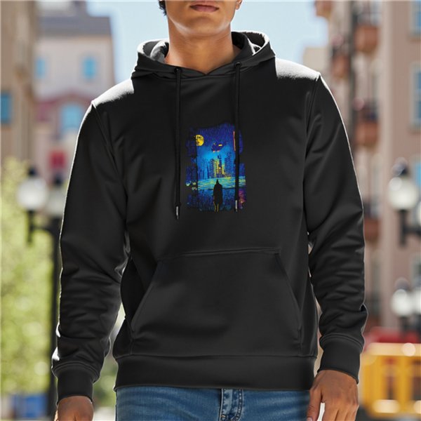 Black hoodie with night cityscape and lone figure graphic