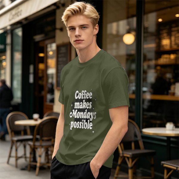 Olive green t-shirt with 'Coffee makes Mondays possible' print