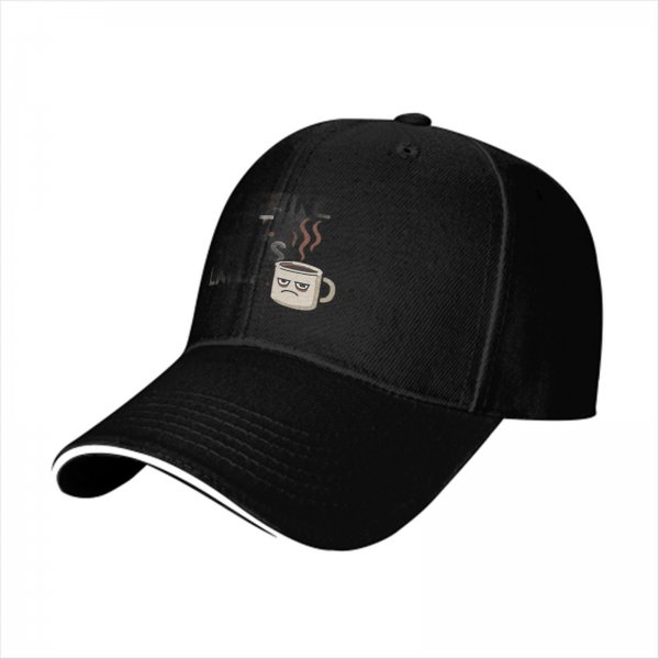 Black baseball cap with grumpy coffee cup graphic design