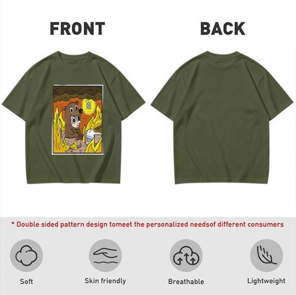 Olive T-shirt with Cartoon Bear Costume Figure in Flames Art