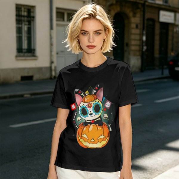Olive t-shirt with sugar skull cat on jack-o'-lantern