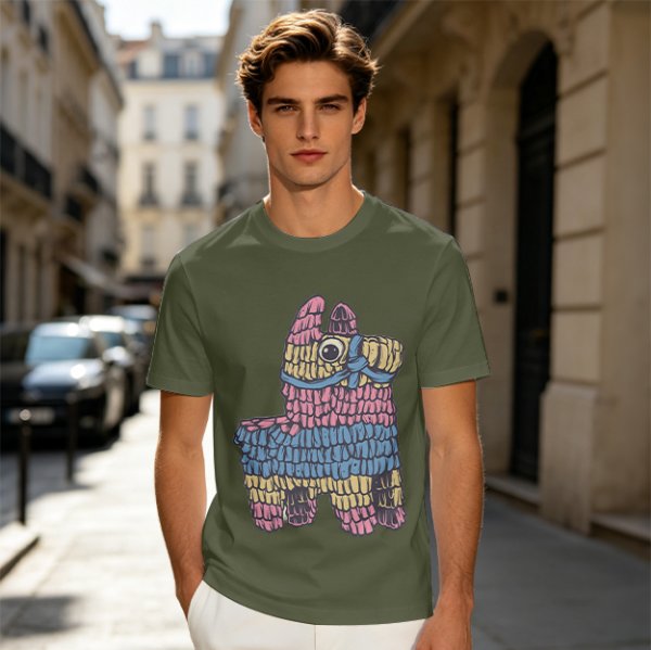 Olive T-Shirt With Colorful Donkey Pinata Graphic Print