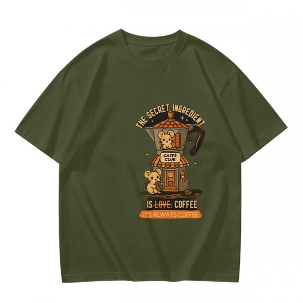 Olive t-shirt with coffee moka pot mouse shop graphic and coffee love quote