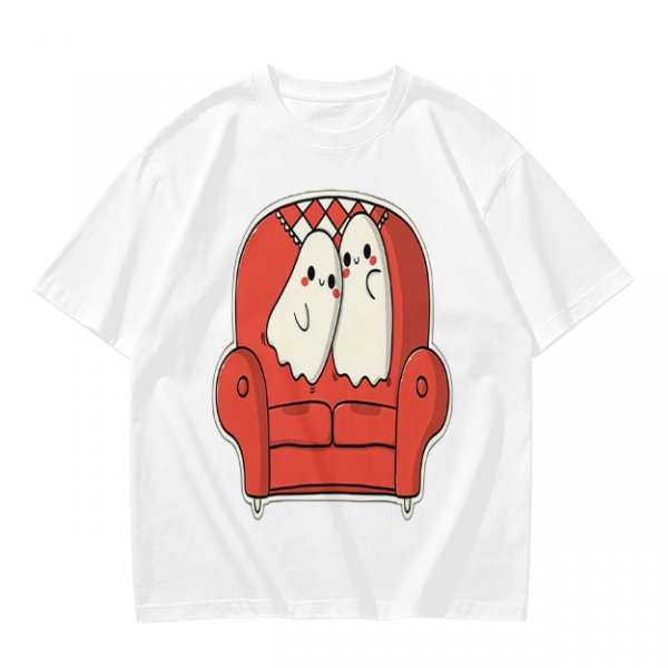 Olive T-Shirt with Cute Ghosts on Red Armchair Graphic